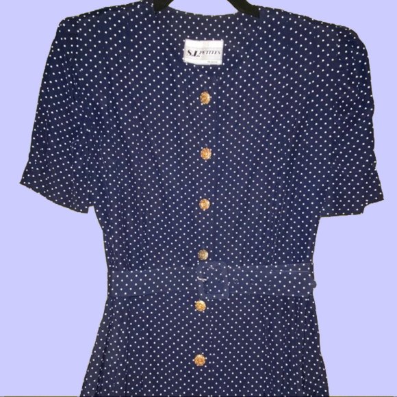 SOLD   1980s Rayon Belted Dress Shoulder Pads Button front polka dots - Picture 2 of 5